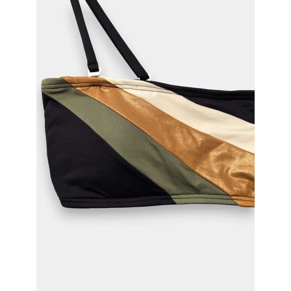 Vince Camuto Bandeau Bikini Top Black Metallic Gold Stripe S Retro Beach NWT - Picture 4 of 7